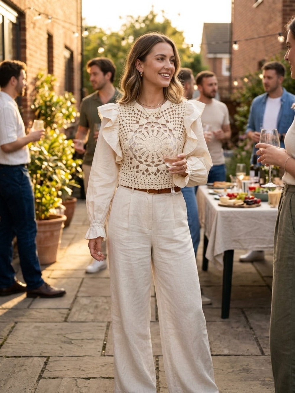 Zara Cream Crochet Ruffle-Sleeve Wide-Leg Top